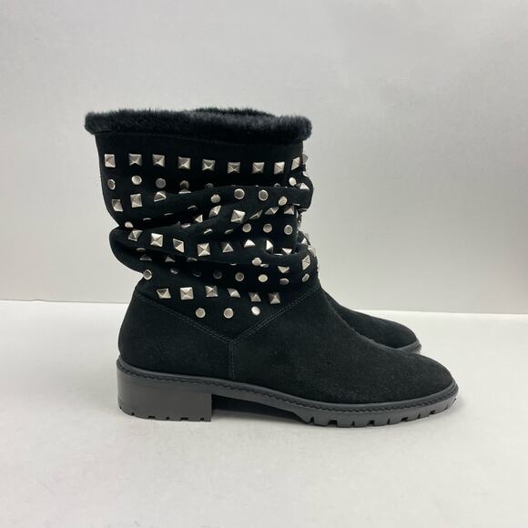 Stuart Weitzman | Arctica 5 Narrow Black Faux Fur Studded Slouchy Pull On Boots - Picture 3 of 12